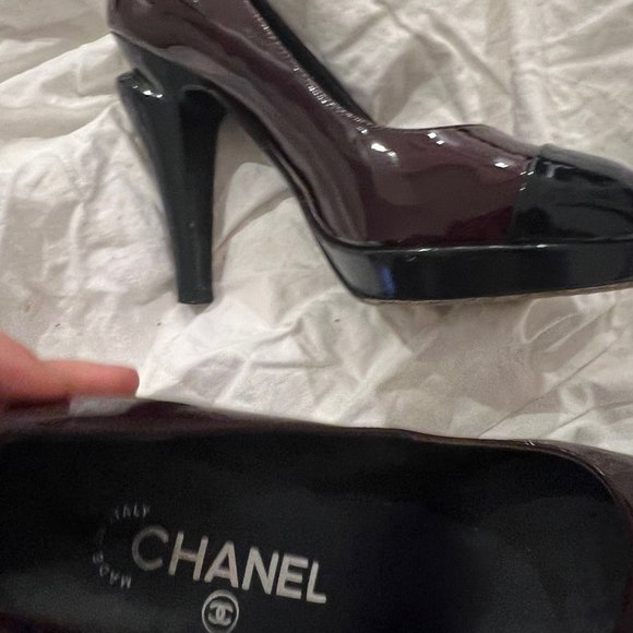 Chanel Burgundy Patent Leather With Navy Cap Toe Cut Out Heels - Picture 10 of 13
